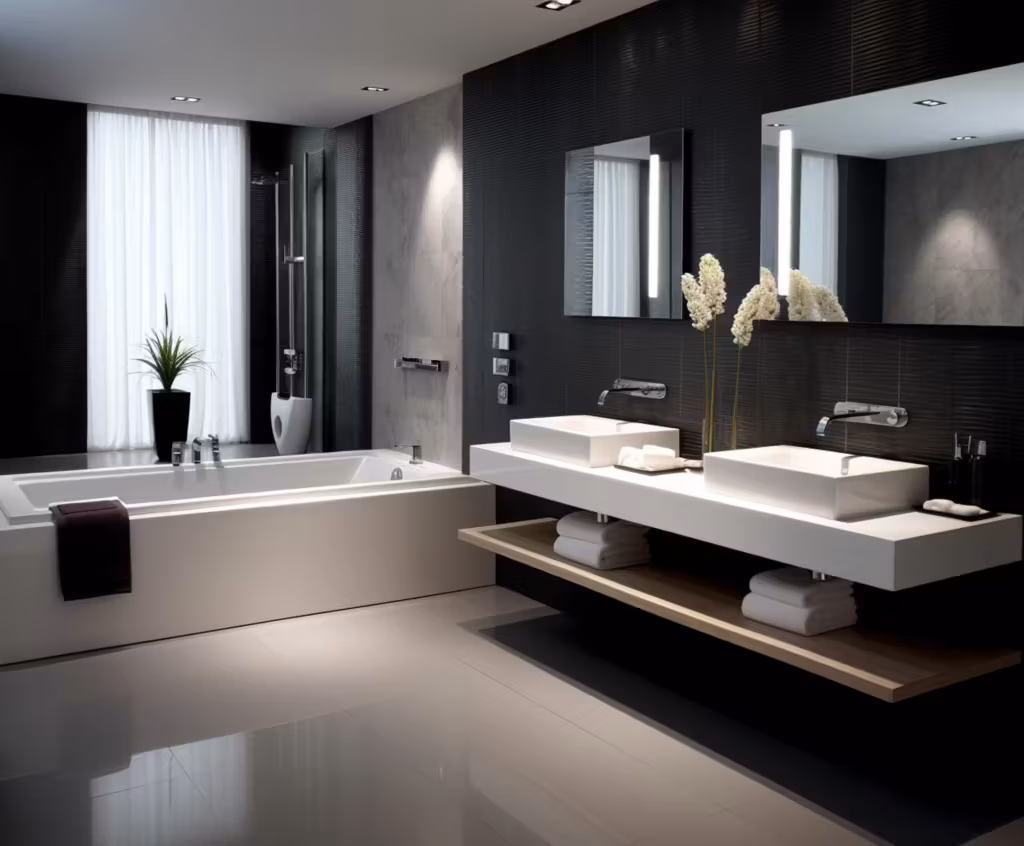 Modernes Badezimmer mit Doppelwaschtisch und dunklen Wandfliesen