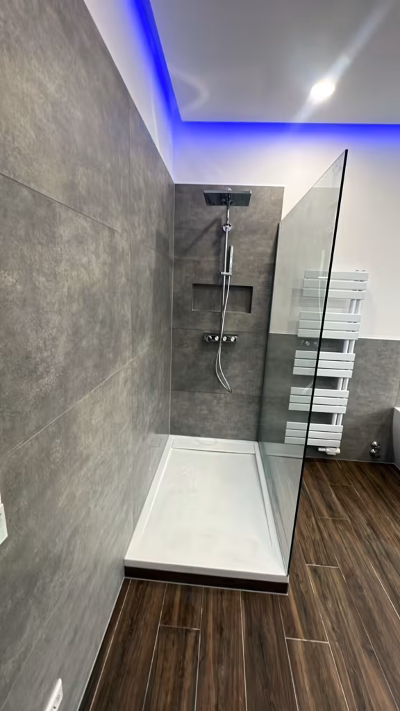 Walk-in-Dusche mit Echtglas-Wand, Regenbrause und indirekter LED-Deckenbeleuchtung